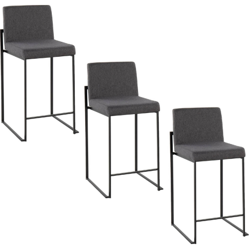 Fuji 26" High Back Counter Stool in Black Steel & Charcoal Fabric (Set of 3)